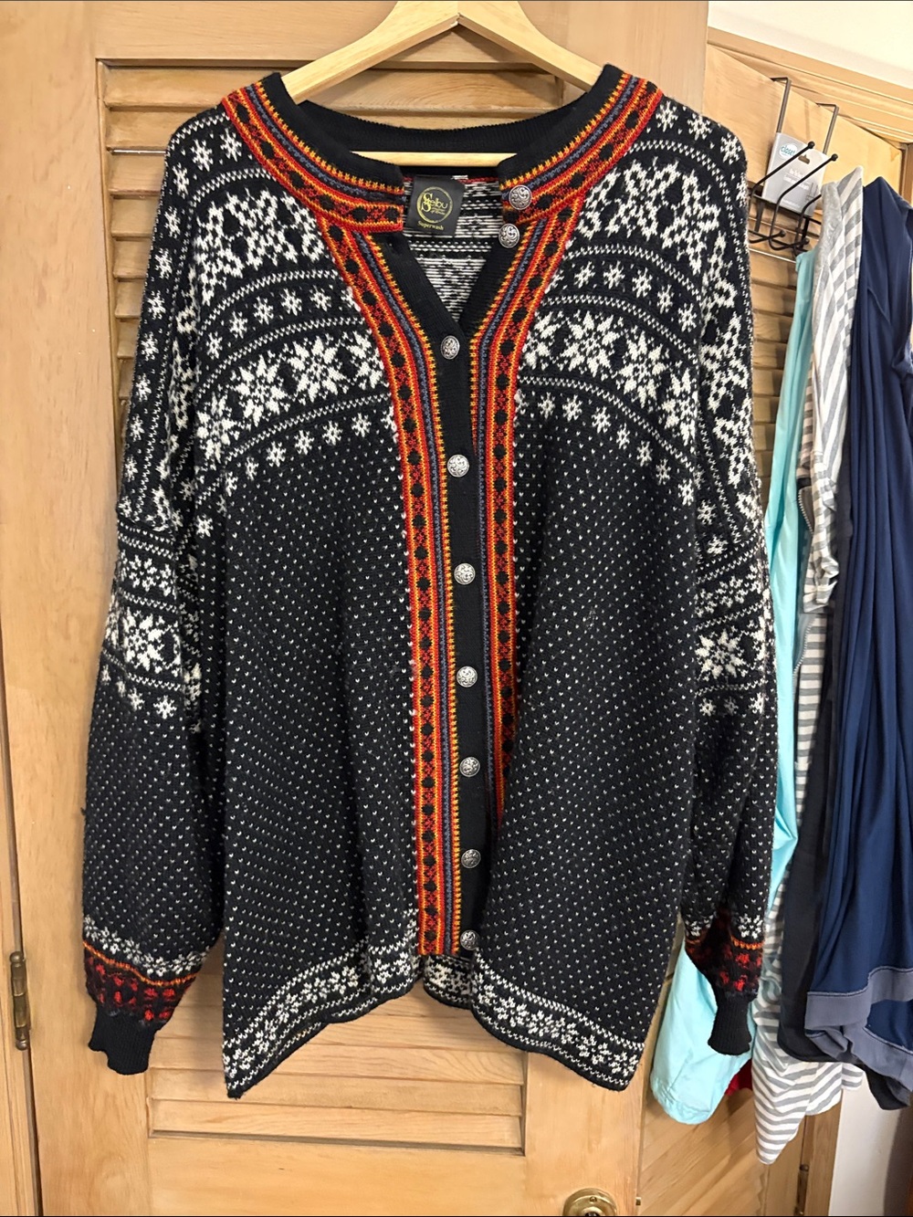 Traditional Nordic Black and White Knit Cardigan with Red Trim